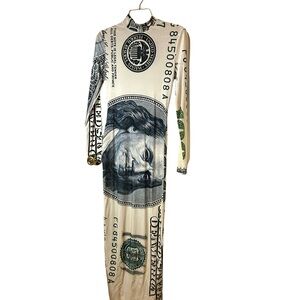 BRAND NEW!! Fashion Nova Soft Velour Beige and Green Money Print Maxi Dress
